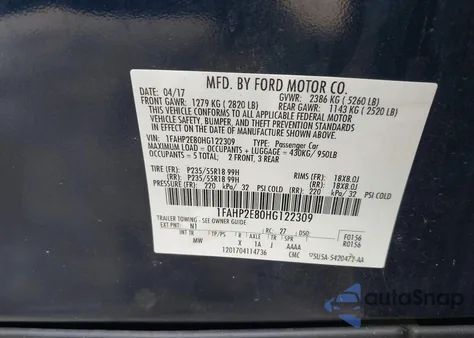 2017 Ford Taurus Sel z USA, uszkodzony, nr VIN 1FAHP2E80HG122309